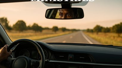 a car steering wheel, a winshield and a man driving looking in the rear view mirror